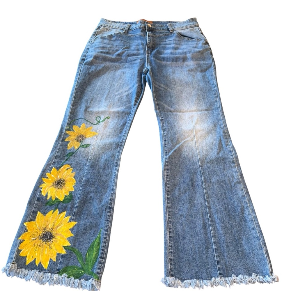 Reworked Upcycled Womens Jeans High Rise Flair Bottom Boho Hippie Hand Painted
